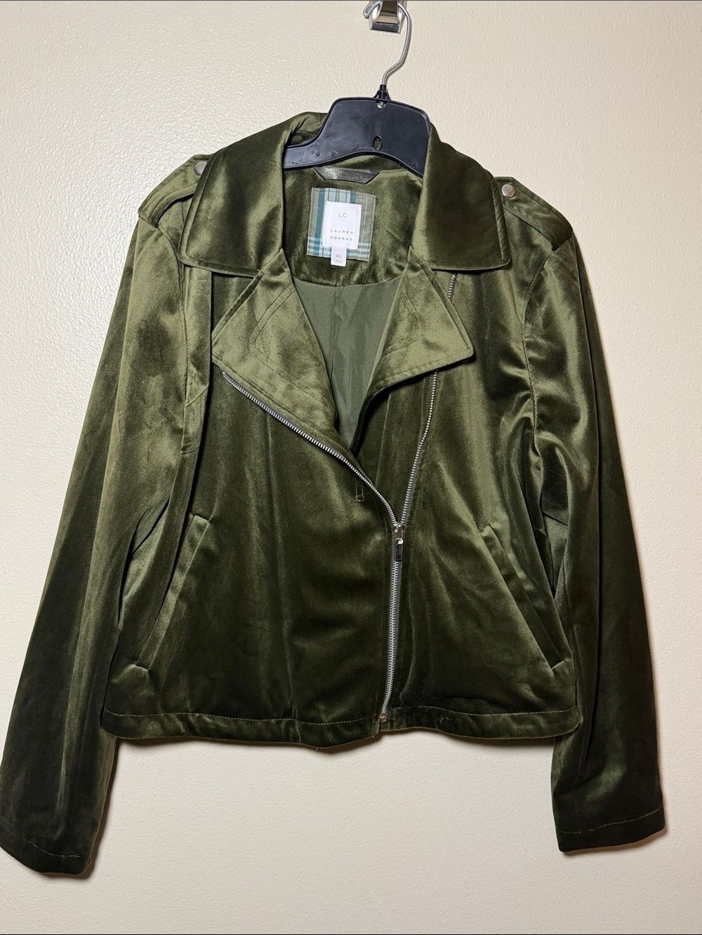 LC Lauren Conrad Olive Velvet Moto-Style Jacket